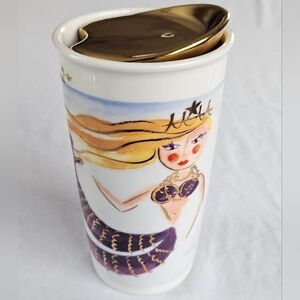 Starbucks Coffee Travel Mug 12oz Siren Mermaid Seahorse Ceramic Gold Lid 2015